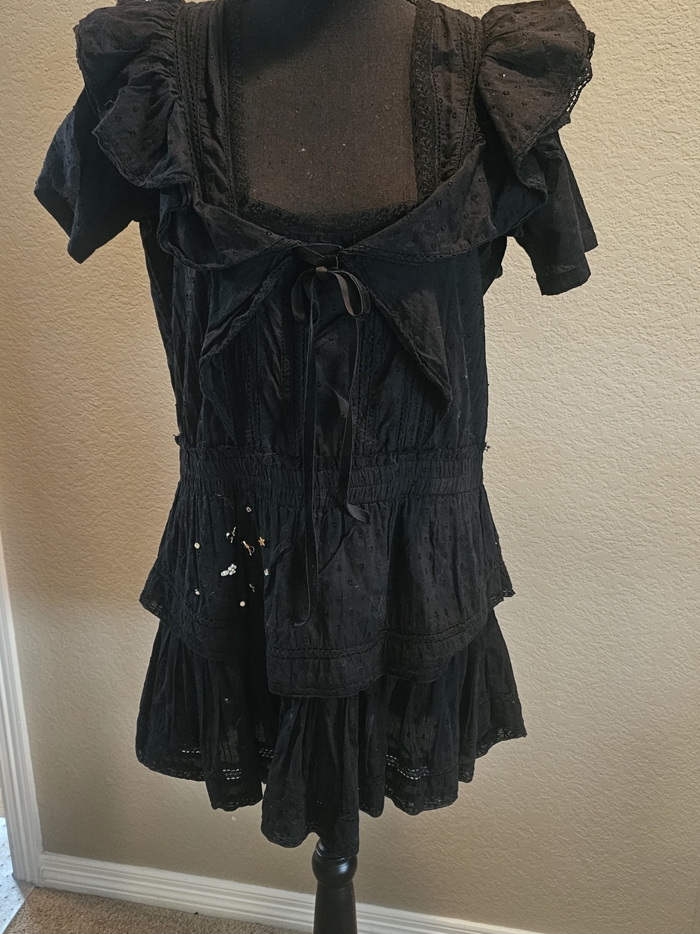 Love Shack Fancy- Black Ruffled Short-Sleeve Women's Special Edition With Charms
